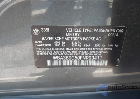 2015 BMW 335I xDrive из США, поврежденный, VIN WBA3B9G50FNR93411